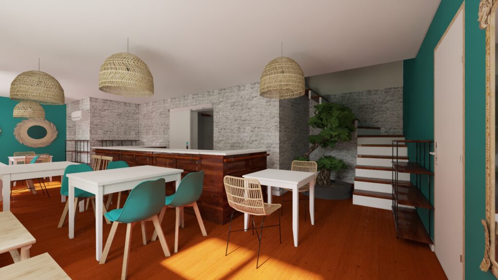 Plan 3D d'un bar à jeux créée sur Kozikaza