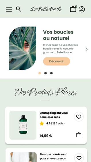 Capture d'écran d'une page d'accueil d'une maquette web d'application mobile pour des soins capillaires réalisée par Cédric Rouzès sur Figma